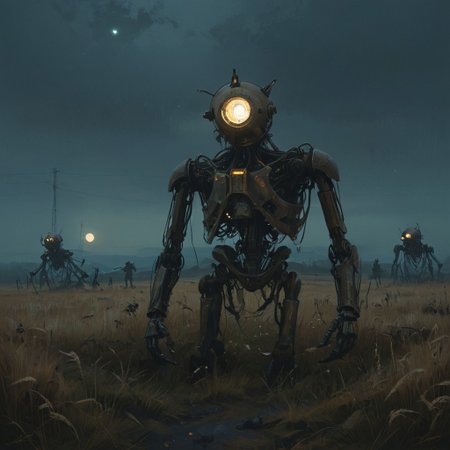 a painting that captures the essence of a poem: 
(Fields where machine souls rust under the light of a dying star, 
Veni, vidi, vici; 
When heaviest is the crown of the ghost of a god, none dare come out to play; 
Use caution when dealing with the fallible tenets of the aegis rimwalkers; 
Cyborg religious sects turned loose with the coming of the new dawn; 
I offer this advice in earnest, for soon we shall see many a truth uncovered; 
Do not despair my voidwalker, for what happens in the dark is destined to come to light, now and forever more...), 
Andrei Tarkovsky Style page,detailxl,in the style of simon-stalenhag,