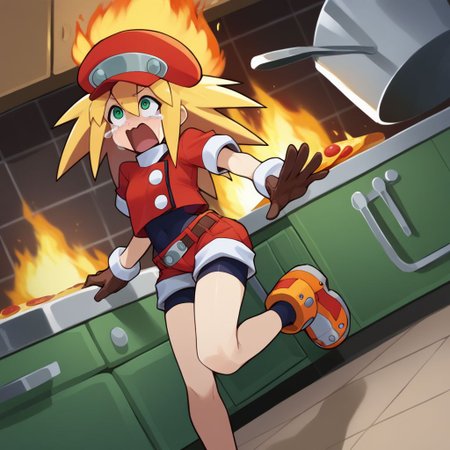 rating_explicit, score_9, score_8_up, score_7_up, score_6_up, score_5_up, score_4_up, by ishikawa hideki ,dynamic shot, absurdres, 
 <lora:RollCaskettMegamanPonybyRR:0.85>, roll caskett (mega man), hair between eyes, bangs, long hair, spiked hair, blonde hair, green eyes, red cabbie hat, brown gloves, red jacket, short sleeves, spandex, brown belt, cropped jacket, bike shorts under red shorts, red boots, covered navel, very slim body, medium breast, 
1girl, (green kitchen on fire:1.5), pizza slice, explosion, fire, lava,
 short petite girl, running toward the camera, arms extend toward viewer, panic, looking at the viewer,
aquascreaming, open mouth, crying with eyes open, screaming in horror, 
BREAK,