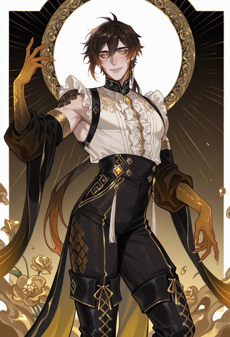 masterpiece,best quality,amazing quality,
1boy,Zhongli,brown hair,muscular male,yellow eyes,smile,solo,fingernails,gradient arms,fangs,fullbody,
frilled shirt,black high-waist pants,woven gold,embroidery,armlet,
posing,striped_background,rounded_corners,scales,flowers,sleeveless,jewelry,
<lora:Valentaine-Illustrious:1>,v4l3nt4in3,lace-up,
<lora:holographiccolor:0.6>,qxys,thigh_boots,
