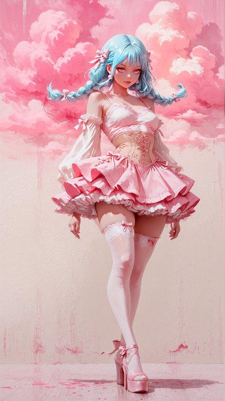 masterpiece, newest,absurdres,incredibly absurdres, best quality, amazing quality, very aesthetic, vibrant colors, pastel colors, realistic, cloud,
1girl, standing poised, frilly layered dress with lace trim and ribbon accents, corset waist, sheer sleeves, thighhighs with bows, platform heels, long light blue hair in intricate twin braids with curled ends and pearl pins, soft breeze in hem,  pastel pink theme, ivory hue, elegant and vivid,
   <lora:Forest_Decay_Style_ichi_sk:1> <lora:fuyumur4s4ki_style:0.7> fuyumur4s4ki_illu <lora:hidream_painterly_v1_1653283:1> painterly, impasto,