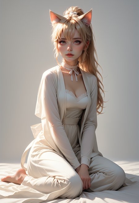 ASCII, photorealistic, OLED, score_9, score_8_up, score_7_up, score_6_up, 1girl, brown eyes, small eyes, soft freckles,blonde hair, bangs, strands of hair falling over the face, high ponytail, long hair, cat ears, ((full body, sitting)), medium breasts, simple grey background  <lora:SnowFoxeij-000006:0.8>, white ribbon choker, looking to viewer, pink pyjama, cat tail