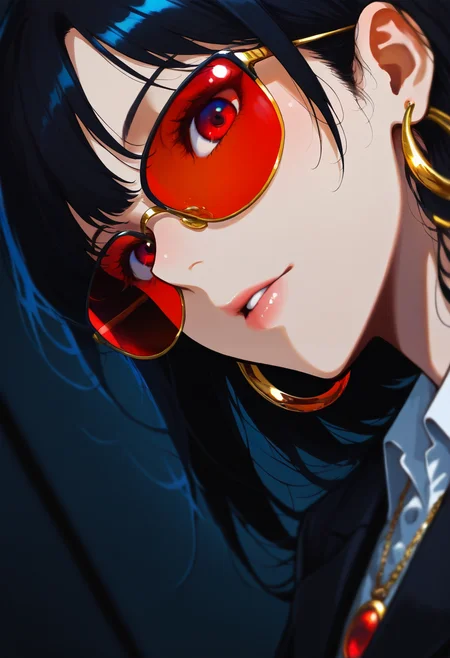 8K, depth of field, focused subject, dynamic angle, best quality, detailed eyes, perfect eyes, realistic eyes,  
 <lora:cospl4_by_readandsign_v3:0.85> gr43po
Stylized digital portrait of a person with fair skin and short, dark hair. The subject is wearing red-tinted sunglasses, a white shirt, and a black blazer. They have a confident expression with slightly parted lips and a relaxed posture. The background is a solid, vibrant red, which contrasts with the subject's attire. The person is accessorized with gold jewelry, including a necklace with a pendant and small hoop earrings. The overall composition is bold and striking, with a focus on the subject's face and upper body. easynegative, sinozick style, flat color, dark theme, g4n1m3