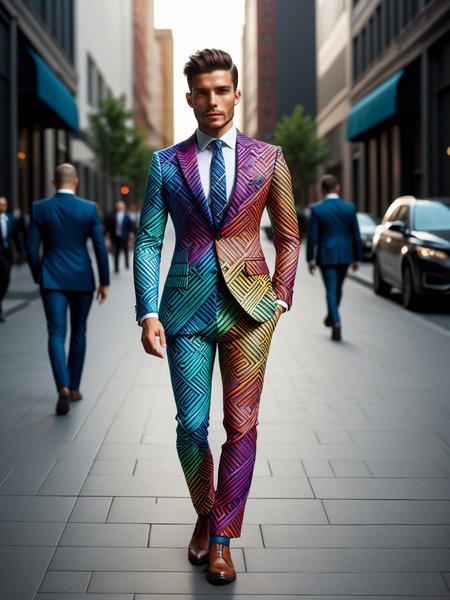 man wearing a colorful madmze business suit walking through city, dynamic pose<<lora:Colorful_Maze_Pattern_SDXL:1>, masterpiece, best quality, ultra high res, (photorealistic, realistic:1.2), deep shadow, raw photo, film grain, Fujifilm XT3, 8k uhd, dslr