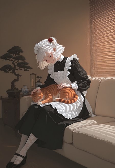masterpiece, best quality, very aesthetic, highly detailed, absurdres, 1girl, solo, maid, maid apron, black dress, short skirt, long sleeves, black mary jane shoes, white lace pantyhose and maid headdress, white embroidery, pale skin, rose hair ornament, white hair, white eyelashes, white eyebrows, black eyes, glossy lips, short hair, two side up, head tilt, smile, lidded eyes, petting cat, orange tabby cat in lap, sitting on sofa, looking down, from side, 
indoors, bonsai tree, end tables, relaxing, warm tone, ((sunlight through venetian blinds, venetian lighting)), porcelain collection, fancy paintings, dawn, morning, sunrise, ambient light, soft light, comiks,fgg, no lineart, flat color