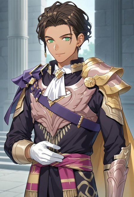 masterpiece,best quality,amazing quality, source_anime,
ClaudeVonRiegan, ClaudeVonRiegan, 1boy, male focus, solo, green eyes, brown hair, short hair, dark-skinned male, jewelry, earrings, ascot, white ascot, shoulder armor, cape, tunic, black and gold tunic, white gloves, purple sash, black pants, smile,