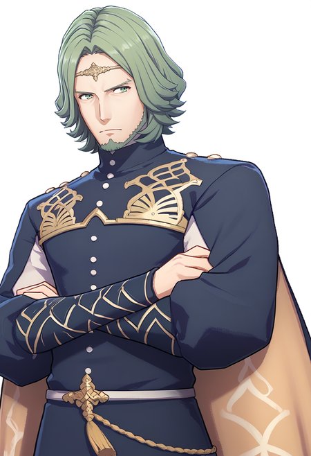 score_9, score_8_up, score_7_up, source_anime, BREAK 1boy, crossed arms, <lora:zs_EngagePortraitsXL:1> engageportraits, portrait, white background, <lora:SetethFE-pdxl:1> setethFE, beard, circlet, uniform, cape