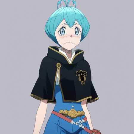 sharp focus, pixiv masterpiece, source_anime, score_9, absurd res, high res, anime_screencap,
 <lora:Grey_blackclover_IL_v36-000015:1>, grey_bc, 1girl, solo, grey-blue_eyes, cyan_hair, short_hair, antenna_hair, black_capelet,  sleeveless_shirt,  high-waisted_pants, waist_flowers, metal_belt, pouch,  standing, arms_at_sides, (simple background:1.1), blushing, wavy_mouth, star_on_emblem,