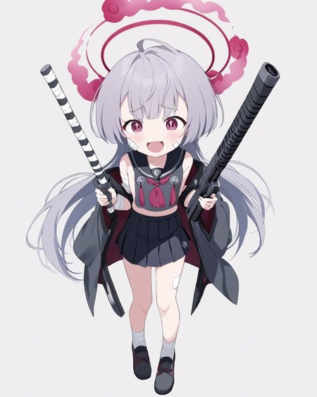 shuro \(blue archive\),bandaid_on_face, halo, ahoge, open_mouth, white_background, serafuku, sailor_collar, bandages, looking_at_viewer, fangs, gun, blue_neckerchief, holding_weapon, simple_background, socks, v-shaped_eyebrows, bell, 1girl, haori, 2girls, kimono, angry, pleated_skirt
<lora:shuro_(blue_archive)_image571_2023-12-03:1>halo. gorgeous,key visual, vibrant, studio anime,award-winning, professional, highly detailed,high budget, cinemascope