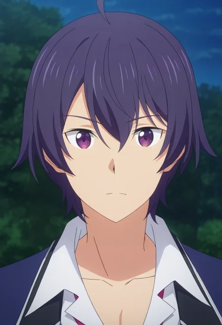 masterpiece, best quality, , anime screencap, anime coloring, official style, looking at viewer, 1boy, solo, male focus, <lora:shin_wolford_ilxl:0.92>, shin_wolford, purple hair, purple eyes, short hair, ahoge, hair between eyes, ,