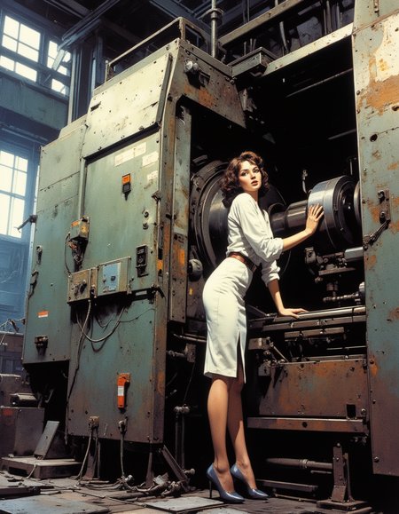 A dramatic, hyper realistic, professional photography, beatiful, masterpiece, super detailed, breath taking, best quality, portrait shot. 
A full-length portrait. Inside the industrial workshop of the plant. A huge coordinate boring machine, next to it stands a young girl in stylish office clothes (white blouse, pencil skirt with slit, stockings, shoes), she bent over the machine. Pinup pose, sexy. A silly expression on his face. Open mouth, wide open beautiful eyes, Puzzlement. Depth of field. Bottom view from behind, the girl's figure is fully visible, a huge machine towering over her., blending high fashion with a science fiction aesthetic.
(Depth of field), low saturation,detail. mythp0rt Stylish, charismatic.

(depth of field)
mythp0rt,

nigiex.  
