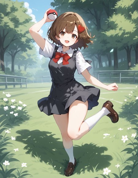 score_9, score_8_up, score_7_up, score_6_up, BREAK source_anime, best quality, masterpiece
1girl,<lora:lass hgssPonyXL:0.8>,lass hgss,brown eyes,heart hair ornament,bowtie,black pinafore dress,white shirt,socks,loafers,full body,standing,standing on one leg,arm up,smile,open mouth,holding poke ball,looking at viewer,grass