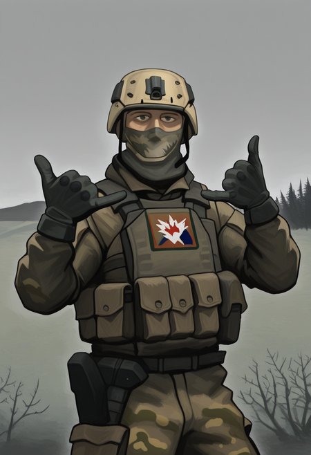 1boy, solo, pt1chn1k, looking at viewer, cowboy shot, shaka sign, gesture, military, military helmet, khaki camouflage, grey sky, nature, face mask, five fingers, military gloves,