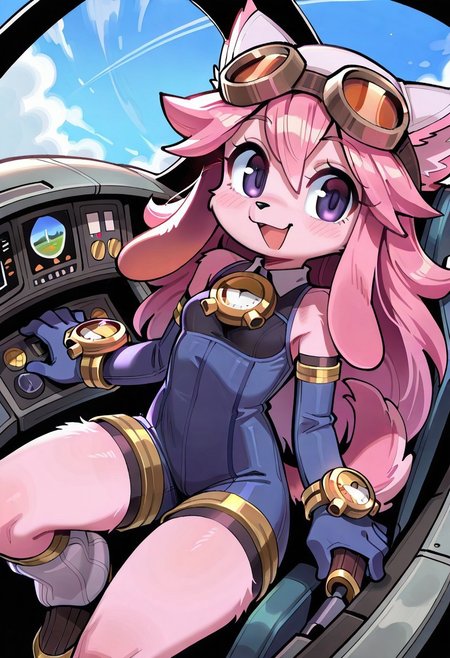 safe_pos, score_9, score_8_up, score_7_up, high resolution, masterpiece, best quality, wamudraws, itsunkownanon,
1girl, solo, dynamic angle, spherical cockpit, riding cockpit, open cockpit, large windshield, sky,
chocolatsr, cute, furry female, dog girl, pink fur, long hair, pink hair, dog tail, purple eyes, animal ears, animal nose, flat-chested, small breasts, shortstack, blue jumpsuit, elbow gloves, white headwear, goggles on headwear, leg warmers, boots, looking at viewer, smile, open mouth,  black chest