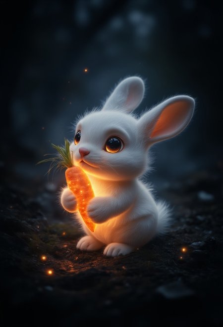 A cute white fluffy bunny in the dense forest holds a glowing carrot in its paws. The fluffy little bunny looks at the brightly glowing carrot with surprise. Black background, darkness, fireflies, sparkles. The glow from the carrot and fireflies illuminates the cute bunny. Adorable, cute, peaceful, realistic, higly detailed, cinematic, cartoonish atmosphere. aidmaMJ6.1, vantablack, detailmaximizer, aidmaGlow