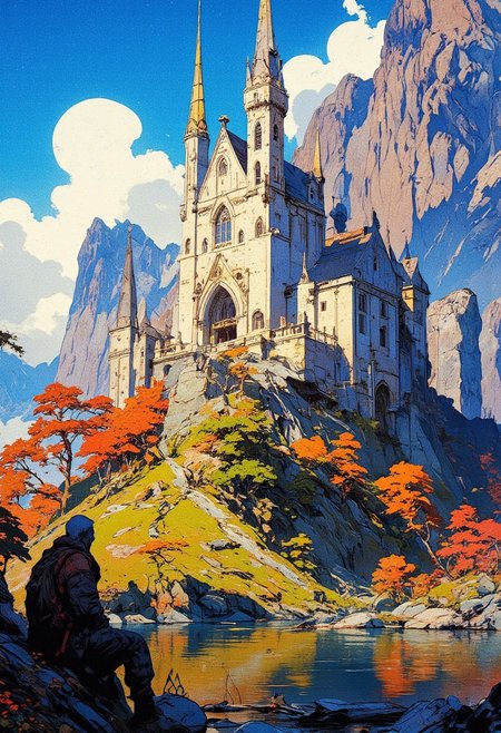 A majestic white castle with tall golden spires sits atop a lush, rocky hill, surrounded by vibrant autumn trees with shades of orange, red, and green. A winding path leads up to the castle, passing by smaller structures and stone ruins. The background features towering, rugged mountains under a bright blue sky dotted with fluffy white clouds. The castle's intricate Gothic architecture includes detailed windows, arched doorways, and elegant towers reaching into the sky. In the foreground, a lone traveler dressed in dark, medieval-inspired clothing sits on a rocky shore, gazing at the scene before him. The lake reflects the castle and autumn trees, shimmering under the warm sunlight. The scene has a tranquil yet grand atmosphere, evoking a sense of adventure and wonder, reminiscent of a fairytale kingdom,  anime, cyberpunk