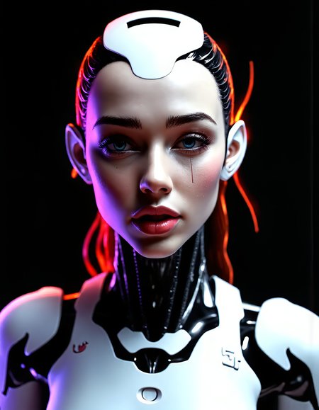 digital painting , abstract style patchwork of a Famale (cybernetic:.71) (combat cyborg), anodized metal body, feminine, (it is a cybernetic light combat skeleton designed for infiltration, ghost in the shell, cyberpunk:.55), beautiful, attractive, symmetry, <lora:ral-andzdalmn:0.8> (ral-andzdalmn, anodized metal body componants:1.0), radiant, positive emotional, epic composition, atmosphere, quality, contemporary, illustrious quality, fabulous colors, (black background:1.1), ("cyberware lines embedded in her face":.85), (alive, centered shot, facing camera, direct eye contact, detailed eyes, cybernetic:1.1) . non-representational, colors and shapes, expression of feelings, imaginative, highly detailed, (AI weeping with somber reflections longing to be loved:1.1) + hyper details + concept futuristic style and ecorche style + cinematic lights + photo bashing + epic cinematic + octane render + extremely high detail + post processing + 8k + denoise, photorealism, cinematic rendering, ray tracing, highest quality, highest detail, Cinematic, Blur Effect, Long Exposure, 8K, Ultra-HD, Natural Lighting, Moody Lighting, Cinematic Lighting, hyper-realistic, vibrant, 8k, detailed, ultra detail, (eye contact:1.1).,
(depth of field)
mythp0rt,
nigiex.  
. , amplifying the ethereal and futuristic ambiance of the scene. The overall composition feels cinematic, blending high fashion with a science fiction aesthetic., flat chest