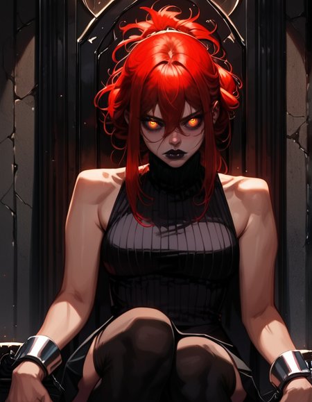 score_9, score_8_up, score_7_up,     detailed background, realistic lighting, sitting on throne, 
1 girl, detailed eyes,slim and fit, solo, dynamic pose,  mature adult female,
Kydra, red hair, hair glow, dark lips, sleeveless turtleneck, skirt, thigh highs, metal cuffs, 
<lora:Kydra-000010:0.7>,
 <lora:Pony - Style - Sinozick_Style:1> sinozick style, flat color, dark theme