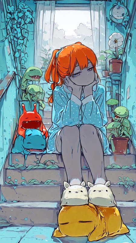 masterpiece, newest,absurdres,incredibly absurdres, best quality, amazing quality, very aesthetic, blue theme, 
1girl, sitting on stairs,  head rest, potted plant, carnivorous plant, multi-tied hair, polka dot pajamas, legs together, animal slippers, backlighting, orange hair, tiny creature, red creature, yellow creature, green creature, window, 
 <lora:YB_IL_1624591:1> yb <lora:nyamofe_v3:1>  <lora:m4chigami_y0h_style:1>  <lora:Forest_Decay_Style_ichi_sk:1> <lora:0__11Xx:1> 0__11Xx_illu
