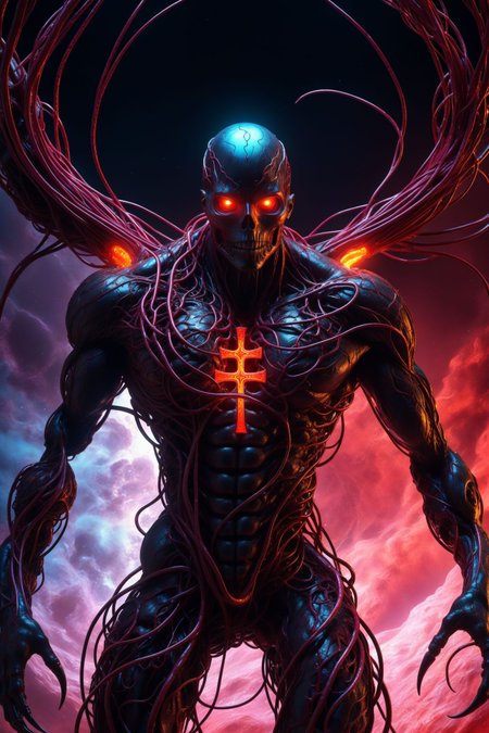 a cybermutant fleshmutant made of pulsating flesh and biomechanical limbs, fusion of flesh and machine, quivering tumors, fleshy growths, mutagenic, cybernetic hoses, wires, anime style, 2d, fighting game style masterpiece, best quality, ultra realistic, 32k, RAW photo, detail skin, 8k uhd, dslr, high quality, film grain,\nShort and messy hair, dynamic, vibrant, action-packed, detailed character design, reminiscent of fighting video games, black bloody veins growing and intertwining out of the darkness, oozing thick neon rainbow blood, veins growing and pumping blood, vascular networks growing, connecting, expanding, red veins everywhere, zdzislaw beksinski, (vibrant colors:1.1), (Infrared:1.2), Rust, Hypercube, ultra detailed, intricate, oil on canvas, ((dry brush, ultra sharp)), (surrealism:1.1), (disturbing:1.1), beksinski style painting, sparks, lens flare, rim lighting, backlighting, RTX, Post Processing, satanic cross, man body, muscular, venom costume, (japanese portal), death shadow nightmare ethereal beast, floating into the abyssal heights, nebula, cinematic, dreaming, Film light, bathing in light, very sharp focus, Hyper detailed, Hyper realistic, masterpiece, spiritual, surreal, atmospheric, maroon cream bronze, High resolution, Vibrant, High contrast, dark angle, 8k, HDR, 500px, dystopian
 <lora:ab0m1:0.2>, ab0m