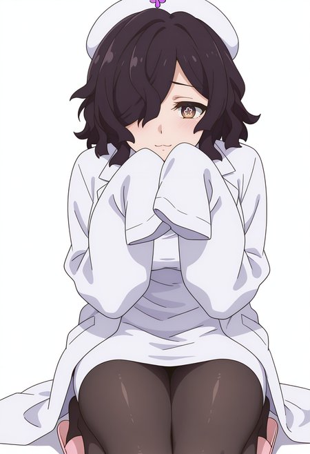 Smooth Quality,masterpiece,very intricate, high quality details, high detailed skin,detailed enviorement,absurdres, 
simple background, white background,front view,
 x3,
 <lora:Kiclacnn:0.8>
Kiclacnn, 1girl, black hair, brown eyes, symbol-shaped pupils, short hair, hair over one eye, 
nurse cap, lab coat, slippers,black pantyhose, pink footwear, sleeves past wrists,