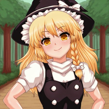 pixelated, pixel_art, n \(dai n honpo\), masterpiece, best quality, BREAK, 1girl, solo, krisame_marisa, smile, facing_viewer, looking_at_viewer, flat_chest, clothed_female, blurry_background, forest, upper_body,