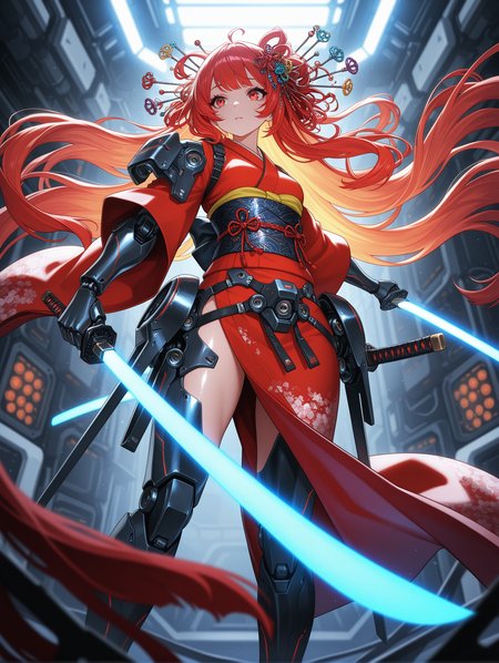 1girl, dynamic angle, too many hair ornaments, armored, kimono, obidome, exoskeleton, mechanical arms, katana, energy sword, Luminous LED light, (Depth of field hdr 8k 4k wallpaper cinematic angle, cinematic lighting:1.2), [(detailed background:1.2)::0.2], (science fiction background:1.2),  intricate details, high contrast, blight face, large pupil, eyelashes, brilliant skin, shiny skin,
,masterpiece,best quality,amazing quality,