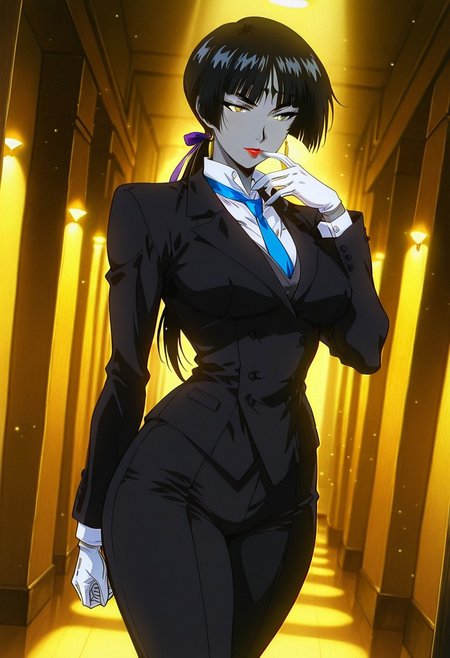 LuluBellDGR, 1girl, solo, colored skin, grey skin, facial marks, black hair, long hair, blunt  bangs, ponytail, hair ribbon, yellow eyes, sunglasses, lips, red lipstick, formal suit, pant suit, black jacket, white shirt, blue necktie, large breast, white gloves,  black pants, black shoes, thick thighs, high heels,
,seductive pose, sexy pose, tease, 
masterpiece, best quality, fine details, intricate details, depth of field, subsurface scattering, bokeh,
 ultra-detailed, very aesthetic, detailed background, newest, scenery, highres, absurdres, colorful, vibrant, glowing, perfect face, 2d, perfect eyes,  vibrant saturated colors, volumetric lighting, sharp, detailed eyes, perfect anatomy,  perfect face, perfect eyes, mature body, clear eyes, beautiful eyes, athletic, curvy body, athletic girl, perky tits, perfect tits, round breasts, pinup pose, teasing, lustful expression, perfect hands, 
muscular female, dutch angle, 
 finger in mouth,, 
,Smooth Negative, Smooth_Quality,
90s_anime_aesthetic, 1990s (style), retro, retro artstyle