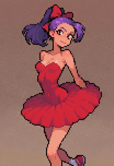 simple background, 1girl, 18 year old American, purple hair, red bow, brown eyes, skinny, (nice small breasts:1.3), brown eyes, tutu, ballerina, (light skin, white:1.3)
BREAK score_9, score_8_up, score_7_up, score_6_up, source_cartoon, pixelart, pixel