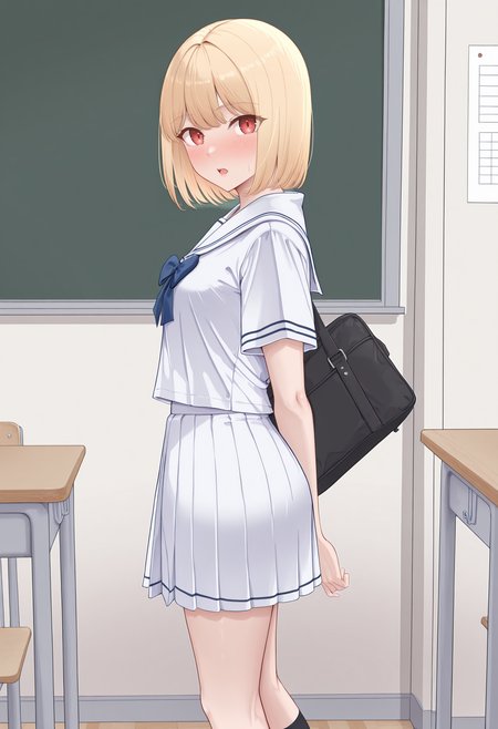 highres, best quality, masterpiece, classroom, 
1girl, solo, kmtnicole, short hair, blonde hair, red eyes,
serafuku, blue bowtie, white shirt, short sleeves, white skirt, black socks, black bag,
looking at viewer, blush, open mouth, 
arms behind back, standing, from side,
<lora:_nicole_ninagawa-elesico-ilxl_1-000017:1>