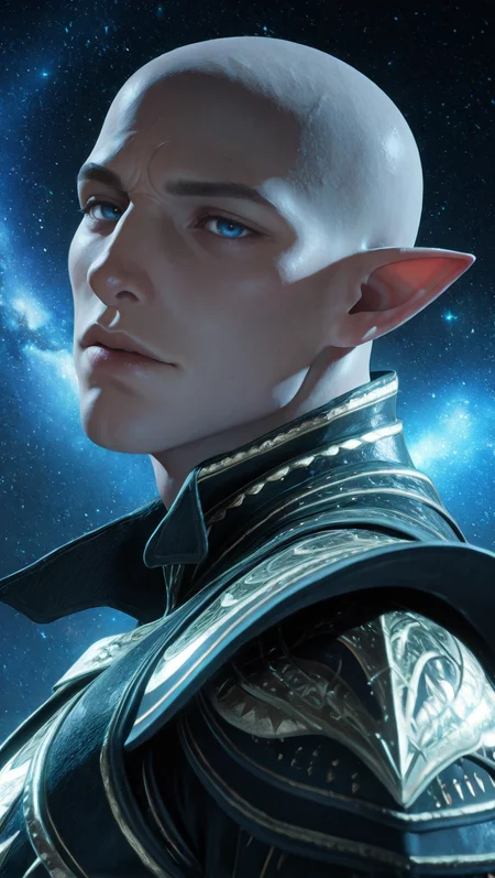masterpiece,best quality,absurdres,newest,perfect quality,best quality,absolutely eye-catching,detailed background,male focus,solo,realistic,<lora:ILDVSolas:0.8>,DVSolas,1boy,male focus,bald,pointy ears,blue eyes,portrait,looking at viewer,head tilt,seductive look,galaxy background,blue stars,from side,armor,