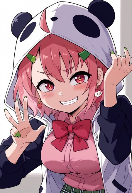 source_anime, rating_safe, BREAK <lora:sakuSasaki_XL-Pony_LoRA-C3Lier_16-16-8-8_AdamW_Un3e-4_Te1.5e-4_10batch:1>, sasaki saku, 1girl, virtual youtuber, pink hair, multicolored hair, short hair, ahoge, pink eyes, green nails, mole under eye, hairclip, earrings, animal hood, panda hood, hood up, two-tone jacket, white jacket, black sleeves, long sleeves, collared shirt, pink shirt, red bowtie, plaid skirt, green skirt,  ,,, ,,,, , ,,,, ,,, ,,, ,, ,, ,, , , ,,huge breasts,5 fingers,, ,,,,,,,,,,,,Both hands Peace , grin