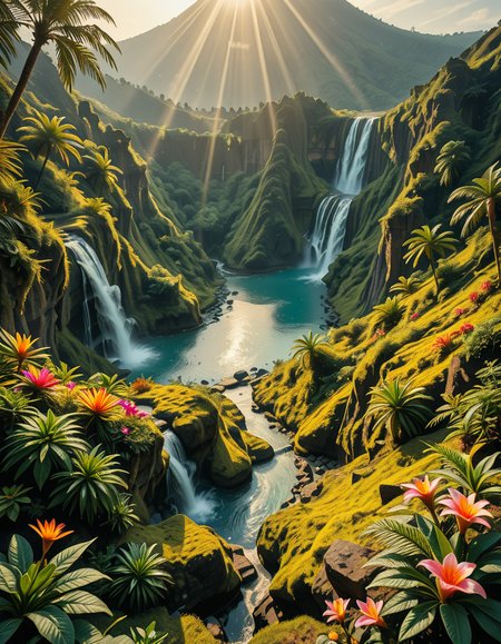 A breathtaking view of an ancient, dormant volcano now transformed into a lush, vibrant natural sanctuary. The crater is filled with dense tropical forests, colorful exotic flowers, cascading waterfalls, and mist swirling gently in the morning light. Vines and moss cover the dark volcanic rocks, and small streams wind down the slopes. while rays of sunlight pierce through the dense canopy, creating sparkling reflections on the water. The atmosphere feels peaceful, enchanted, and untouched by humans. The scene is depicted in an ultra-detailed, hyper-realistic style, with warm, soft lighting and rich, saturated colors that enhance the magical and serene mood of the landscape.
<lora:SDXLFaeTastic2400:0.4> <lora:extremely_detailed:0.4> extremely detailed,dormant v0lc4n0, <lora:dormant_v0lc4n0-i:1>, Masterpiece,best quality,hi res,8k,hi res,8k,award winning,(sharp focus, intricate, highly detailed),