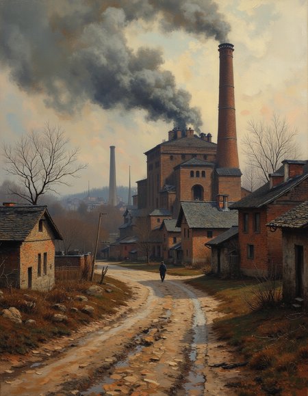 Traditional painting of a 1800s factory, bricks, smog, extreme pollution. Smoke,  muddy road,  smoke coming from the chimney 
 <lora:astmospheric_painting:1> An atmospheric painting of
 <lora:OBä¸­ä¸çºªæ²¹ç»v1.1:0.7> OByouhua, oil painting