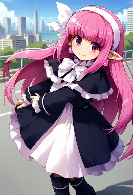 score_9, score_8_up, score_7_up,source_anime,long sleeve,black long dress,Slit in the center dress,pink hair,very long hair,pink eyes,capelet,black Long boots,blunt bangs,long dress,earrings,white hair ribbon,white hairband,pointy ears,ribbon,outdoor,kind smile,blush,city,day,Sunshine,