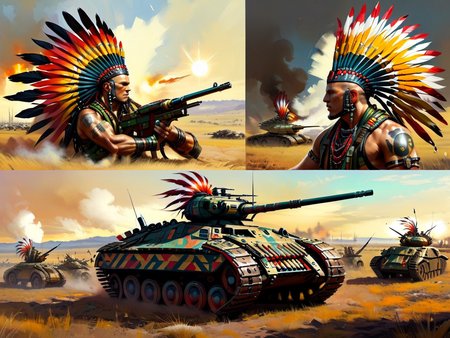 <lora:CulturePunkAI_1Pruned:.9> TotemPunkAI Mohawk  tank on battlefield, concept art  Highly detailed, amazing, Impressive lighting, vibrant colors, Ultra Realistic, High quality, Highly detailed, trending on artstation