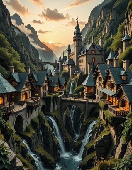 A breathtaking medieval fantasy city nestled in a lush valley, surrounded by towering mountains and dense forests. A grand castle with multiple towers and turrets stands atop a hill, overlooking the town below. The city consists of charming half-timbered houses with glowing windows, perched on rocky cliffs and connected by stone bridges over cascading waterfalls. The river flows through the village, reflecting the warm golden lights of lanterns and torches. Ivy and moss grow over the stone walls, adding to the enchanted, ancient atmosphere. The background features misty mountains with additional fortresses and watchtowers, partially hidden by low-hanging clouds. The sky is illuminated by a soft, warm sunset, casting a golden glow on the scenery, creating a perfect blend of realism and fantasy. Highly detailed, cinematic, and immersive, with a magical, fairy-tale ambiance.
<lora:SDXLFaeTastic2400:0.4> <lora:extremely_detailed:0.4> extremely detailed, ,medieval f4nt4sy c1ty <lora:medieval_f4nt4sy_c1ty-i:1>, Masterpiece,best quality,hi res,8k,hi res,8k,award winning,(sharp focus, intricate, highly detailed),