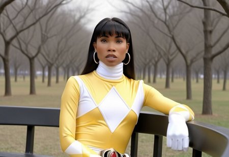 Trini wearing yellow power ranger catsuit, long black straight hair tucked behind shoulders, bangs, helmetless, uniform, white turtleneck collar, white gloves belt, holstered weapon, large chunky steel hoop earrings, neutral facial expression, relaxed, in rural park, sat on bench in New York Plaza, legs crossed, hyperdetailed photography