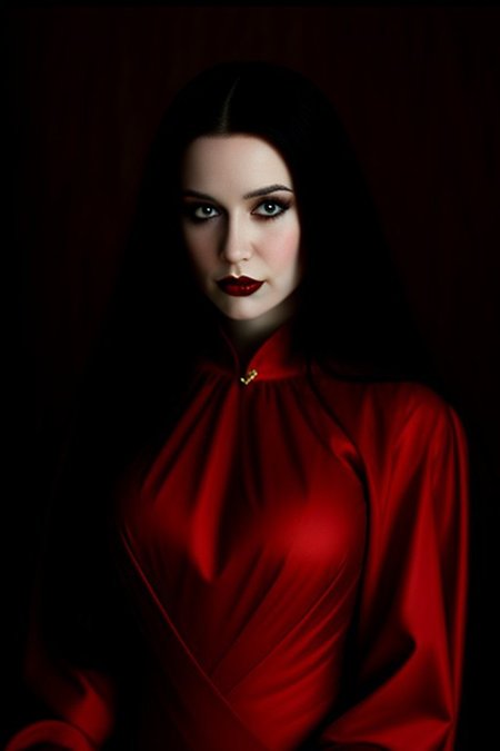 Romanian vampire girl, 23 years old, (beautiful:1.75), (very pale skin:1.35), (gothic makeup:0.99), (Red Lipstick:1), (black hair), (anime:0.35), (oval face:0.25), (Halloween), (night), (front view:1.25), (elegant), 10 minutes before the world will end, (back light),  hyper-realistic, (ultra-detailed:1), (insanely detailed:1), 4k, realistic 8k, shot on portra 400, masterpiece, (perfect composition:1.55), (style of Sandro Botticelli:0.02), (Leonardo Da Vinci:0.10), (Transylvanian Castle)