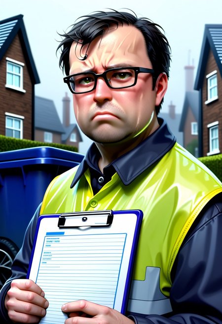40 year old man, glasses, very short dark hair, miserable, wearing hi vis jacket, thick glasses, double-chin, jowls, clipboard, raining
standing by wheelie bins, big house with lawn and tall chimneys, small waste van, close-up 
<lora:Bucksman:0.7>
