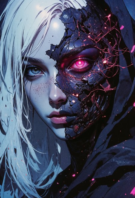 R3alisticF, a striking portrait of a female figure with a split face. The left side of the face appears human, with pale skin, light blue eyes, and long white hair. The right side is a mechanical, cyborg-like structure with cracked, dark metallic surfaces and glowing pink elements, including a vivid pink eye. The contrast between the organic and mechanical halves is emphasized by the intricate details and vibrant colors. The background is dark, enhancing the dramatic effect of the glowing elements. The overall composition is centered, with the subject's gaze directed forward, creating an intense and captivating visual impact.  <lora:FluxMythG0thicL1nes:0.6> <lora:FluxMythR3alisticF:0.5> <lora:RetroAnimeFluxV1:0.6> <lora:OB半写实肖像画V2.0:0.6> <lora:sxz-Dark-Fantasy-v2-Flux:0.5>