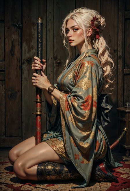 side view. a highly detailed, realistic photograph of a young woman kneeling on a wooden floor, set against a rustic, dark wooden backdrop. The woman, who appears to be of Caucasian descent, has a fair skin tone and long, wavy blonde hair styled in a voluminous updo adorned with a decorative red and gold hairpiece. She is dressed in a traditional, intricately patterned kimono, which is a mix of muted greens, reds, and golds, featuring a floral and geometric design. The fabric appears to be silk, with a slightly worn texture, adding to the vintage aesthetic.
She is holding a traditional Japanese katana with both hands, positioned vertically in front of her. Her attire includes a matching short skirt and thigh-high boots with ornate designs, suggesting a blend of modern and historical fashion. Her makeup is subtle but accentuates her striking features, with dark eyeliner and a soft pink lip color.
The lighting is soft and natural, casting gentle shadows that enhance the textures and details of both the subject and the background. The overall atmosphere is one of serene intensity, blending elements of historical and fantasy themes.