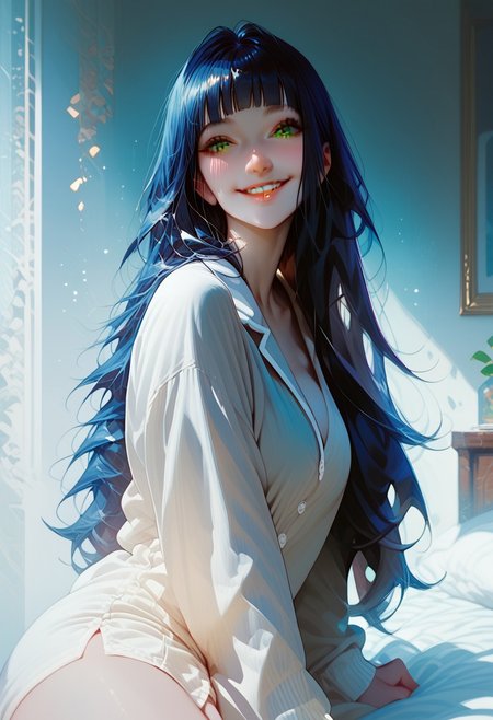 score_9, score_8_up, score_7_up, score_6_up, score_5_up, score_4_up, 1girl, (score_9, score_8_up:1.1),((( long straight hair,1,5))), (dark blue hair:1.5), blunt bangs, (green eyes), voluptuous, pale skin, white pale ,shy smile ,, dynamic pose, aesthetic, perspective, solo, detailed, sensual look,wearing pajama , smile,  looking at viewer, cowboy shot, sitting on bed