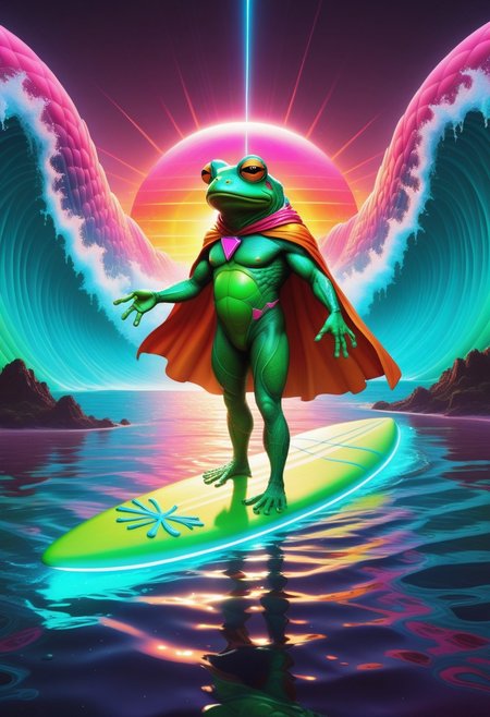 A surreal scene featuring a Quantum-Pickle Frogsurfer, a humanoid frog with slick, green, semi-translucent skin resembling pickles, balancing effortlessly on a glowing quantum energy surfboard. The surfboard emits trails of neon pink and cyan light, warping space-time around it with rippling, kaleidoscopic effects. The frog wears retro-futuristic shades, a neon headband, and a billowing vaporwave-patterned cape. The background is a swirling ocean of liquid rainbows, punctuated by floating geometric shapes and glowing pyramids. Above, a gridline sunset in vibrant magentas and oranges radiates retro-futuristic vibes. The atmosphere is absurd and dreamlike, with bright, high-contrast colors and a playful, surreal tone. Style is vivid vaporwave surrealism, blending clean geometric lines with organic absurdity.