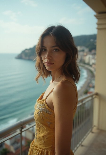 A boring, improvised snapshot of a beautiful woman, taken circa of 2016,  as if by a friend using an old cellphone or disposable camera. She's standing on a hotel balcony in Porto Fino, Italy, with a stunning sea in background. Out-of-focus, bad quality snapshot, displays a slight graininess and imperfections typical of low-quality images, evoking a sense of genuine, carefree moments without any filters or edits, highlighting the beauty of spontaneity.  cinematic_1940s cinematic_octane