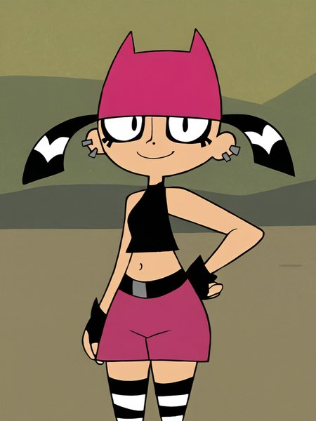 <lora:TiffPony1.0:0.8> tiff, 1girl, black hair, mascara, ear piercing, short hair, short twintails, solo, smile, pink cat hat, black eyes, black crop top, black fingerless gloves, navel, pink shorts, striped thighhighs, standing, looking at viewer,  outdoors, hand on hand on own hip,
