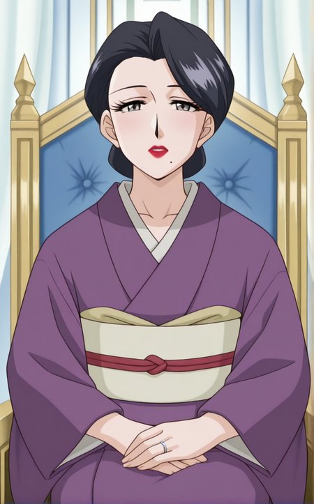 masterpiece, best quality, insaneres, absurdres,sitting on throne, sitting, throne, throne room, straight-on, curtains, light particles, bokeh, loaded interior, indoors, solo, looking at viewer,  <lora:ILLUSTXL_MistreatedBride_SumieTakayanagi_ownwaifu:1>, BREAK PurpleKimono_SumieTakayanagi_ownwaifu, 1girl, black hair, breasts, grey eyes, japanese clothes, lipstick, makeup, mature female, mole under mouth, purple kimono, red lips, single hair bun, obi, sash, short hair, long sleeves, collarbone, hair bun, eyelashes, lips, swept bangs, wedding ring, wide sleeves, white skin,