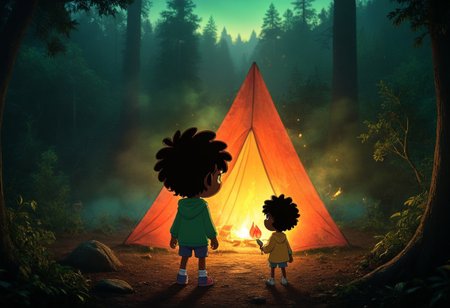 max (camp camp), dark fantasy theme, rainbow colored silhouette outline against a dark background,max (camp camp), 1boy, solo, human, male focus, curly black hair, curly tousled black hair, afro, dark skin, dark-skinned male,  large eyes, round eyes, green eyes,small nose, triangular nose, pointed nose, beautiful forest horror, anime, magical fantasy, plasma pattern, dark lights
,epic, cinematic colors, masterpiece, detailmaximizer, midjourneyv6.1