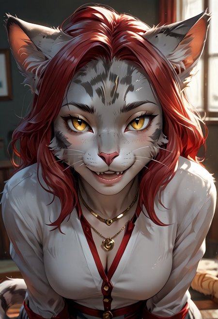 Sc4rl3tGr3y, fcNeg, Expressiveh, Solo, score_9, score_8_up, score_7_up, source_furry, (full body: 1.3), angle view, ((Anthro furry feline woman, Anthro adult female)), (gold eyes, detailed eyes, detailed eyelashes, eyes opened), (long hair, wavy hair, red hair, bangs, ponytail, detailed hair, long wavy hair), (silver fur, grey stripes, tabby cat stripes, cat tail, striped tail), (feline face, feline snout, feline teeth, lips, pink lips, pink nose, whiskers, happy, very happy, mouth open, smile), medium breasts, cleavage, breasts, cat claws, necklace, (perfect hands, perfect fingers, five fingers), (realistic, photorealistic, hyper realism, photograph, hyper detailed fur):1.3
Scarlet, a gorgeous anthro catgirl with red hair and gold eyes, poses in a professional model stance, showcasing her perfect athletic body. She stands confidently on a plain white background, her feline features like pointed ears and a sleek tail perfectly complementing her human-like physique. Her red hair cascades down her shoulders, contrasting with her flawless silver fur and detailed features. Photorealistic image, professional studio lighting, clean minimalistic background, shot with a 35mm lens, medium full-body shot, sharp focus, high resolution, 8K.