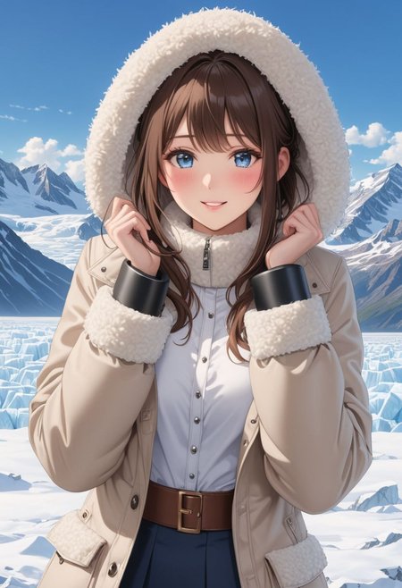 ((((white Oversized shearling down jacket)))), ((((white Oversized shearling puffer jacket)))), ((((white Oversized shearling winter clothes)))), ((((very very cold, in cold)))), ((((semi-realistic)))), ((((puffer hood)))), ((medium knee office skirt, pantyhose, boots)), ((((full body)))), ((sharp eyelid, eyeliner, eyelashes, beautiful detailed eyes, tsurime, long messy brown hair, blue eyes, perfect anatomy)), detailed fingers, solo, smile, standing, icefield, ((((masterpiece)))), ((((best quality)))), ((intricate details)), RAW, 8K UHD, (1girl), office lady, detailed face, beautiful face, charming, bonny, (((blush))), (((heavy breathing))), (((feels orgasm))), wind, (Thick padded collar:1.4), (TSH:1.4), (Thick padded cuffs:1.4)
