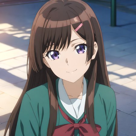 (masterpiece),(best quality),(ultra-detailed),(best illustration),(best shadow),(absurdres),(detailed background),(very aesthetic), otonashi_hibiki, 1girl, solo, brown hair, hair ornament, long hair, smile, hairclip, school uniform, looking at viewer, purple eyes, bow, anime coloring, red bow, bowtie, closed mouth <lora:XL-OtonashiHibiki:1>